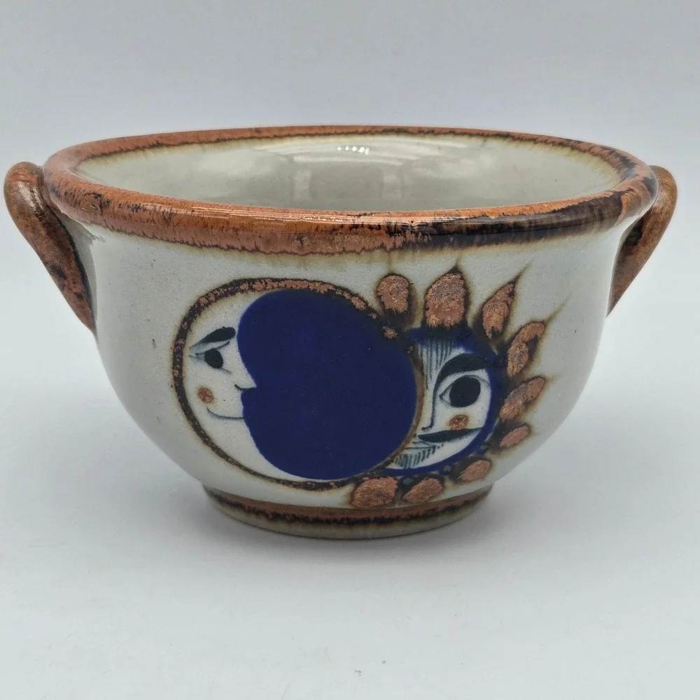 Vintage Tonala Pottery Bowl Sun Moon Celestial Cobalt Blue Hand Painted Mexico